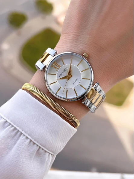 Ferrucci Çelik Kordon 2 Yıl Garantili 3 Atm Suya Dayanıklı Kadın Kol Saati+Bileklik BFC.03561.04 - Resim 2