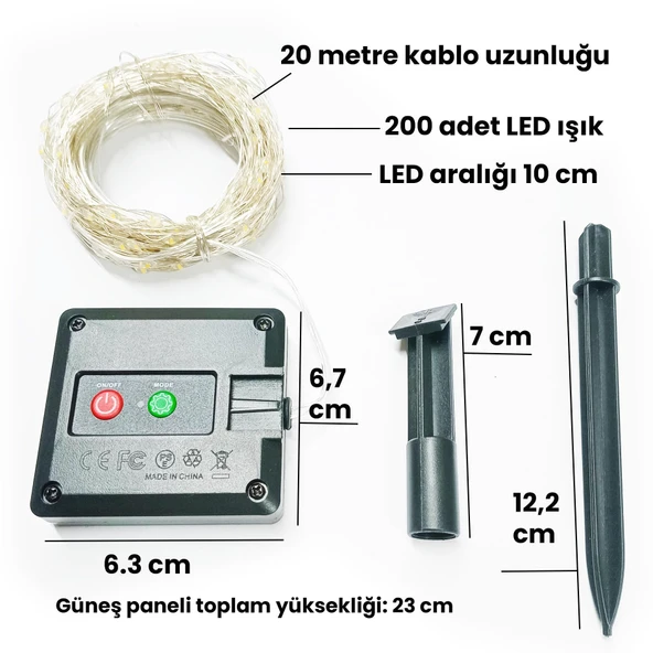 UpWay Güneş Enerjili Su Geçirmez 20 Metre Bahçe Veranda Balkon Teras Dekoratif 200 Led Işık - 8