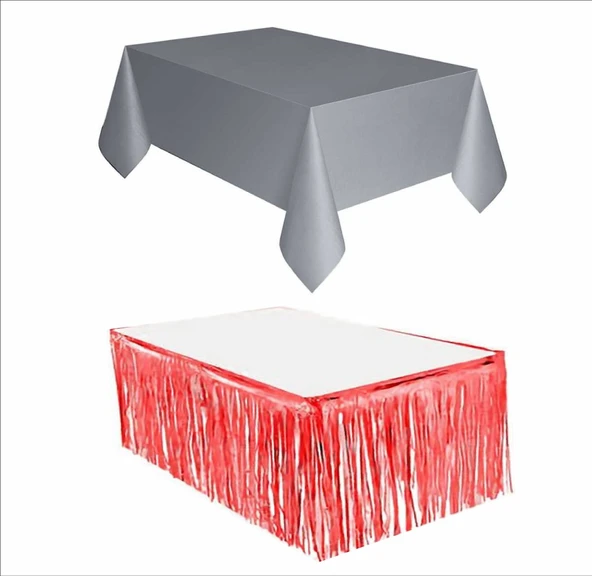 GÜMÜŞ MASA ÖRTÜSÜ, KIRMIZI MASA ETEĞİ ürün görseli 1