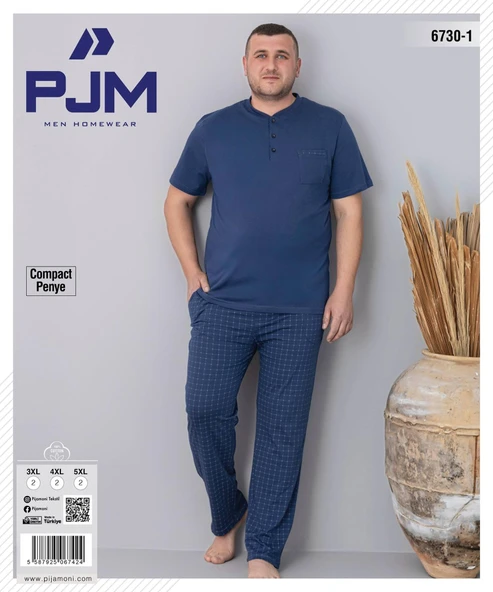 Pijamoni Erkek Battal Düğme Yaka Penye Kısa Kol  Pijama Takımı 6730/1 - 1 Adet  Mavi 5XL - Resim 2