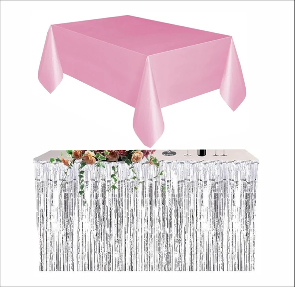 PEMBE MASA ÖRTÜSÜ, GÜMÜŞ MASA ETEĞİ