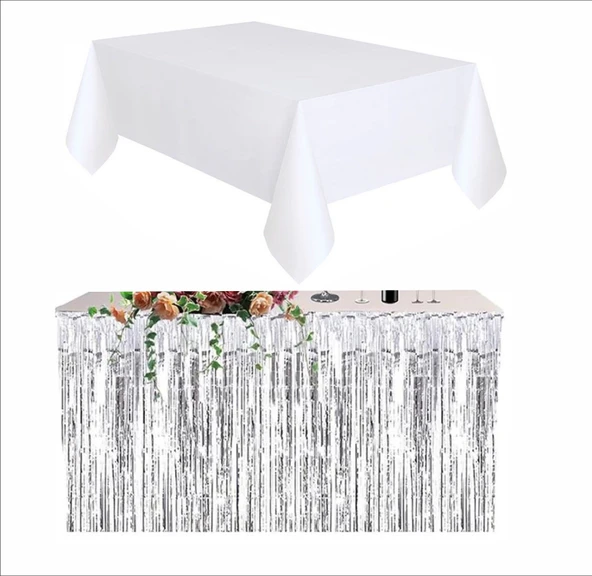 BEYAZ MASA ÖRTÜSÜ, GÜMÜŞ MASA ETEĞİ, 2 ADET GÜMÜŞ ARKA FON - Resim 2