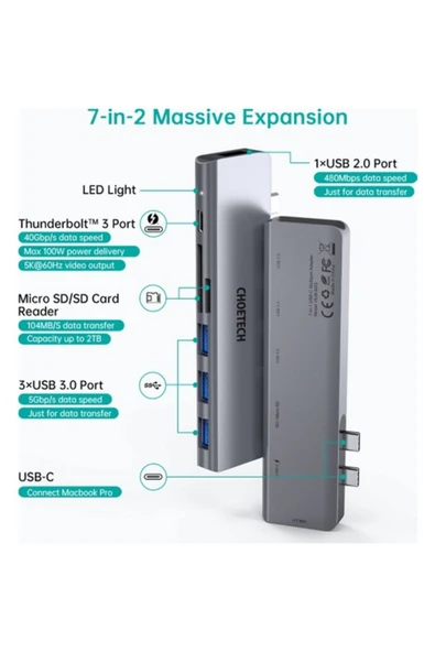 7 In 1 Type C Çevirici Macbook Çoklayacı Adaptör Gri M23 - 2