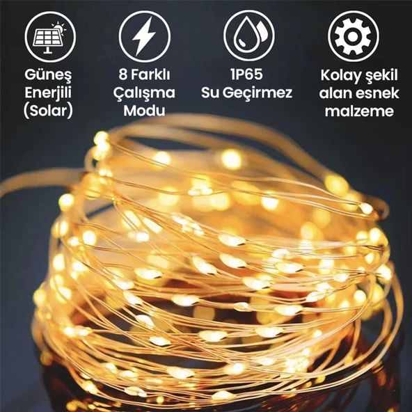 UpWay Güneş Enerjili Su Geçirmez 20 Metre Bahçe Veranda Balkon Teras Dekoratif 200 Led Işık - 2