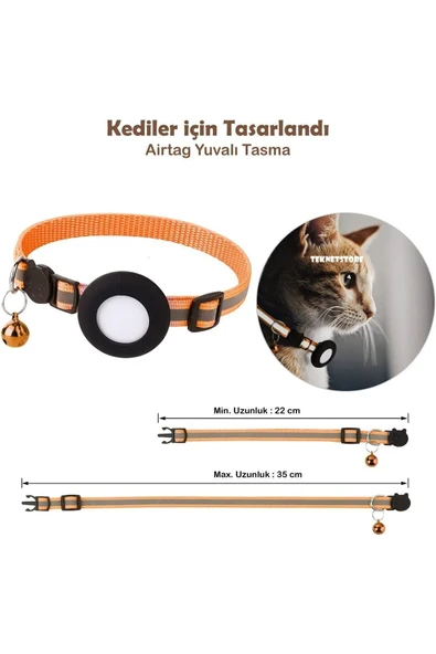 Takip Cihazı ve Airtag Yuvalı Kedi Tasması 2'li Set Ios Uyumlu Boyun Tasması GPS  TURUNCU - 3