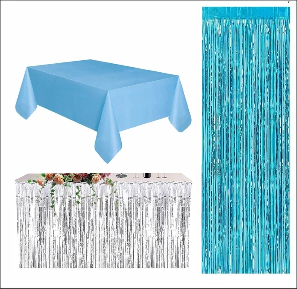 MAVİ MASA ÖRTÜSÜ, GÜMÜŞ MASA ETEĞİ, MAVİ ARKA FON ürün görseli 1