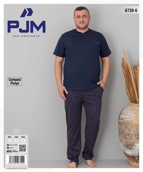 Pijamoni Erkek Battal Düğme Yaka Penye Kısa Kol  Pijama Takımı 6730/6 - 1 Adet  4XL Lacivert - 2