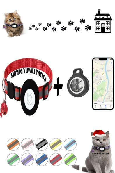 Takip Cihazı ve Airtag Yuvalı Kedi Tasması 2'li Set Ios Android Uyumlu Boyun Tasması GPS  KIRMIZI