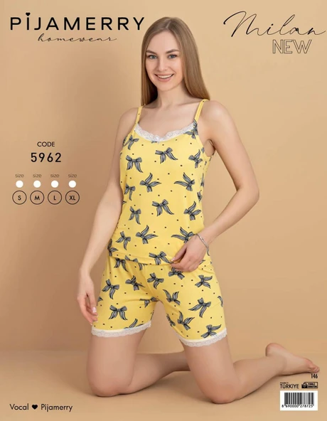 Pijamerry Kadın İp Askılı MİLAN Kumaş Likralı Şortlu Pijama Takımı 5962 - 1 Adet  XL Sarı - Resim 2