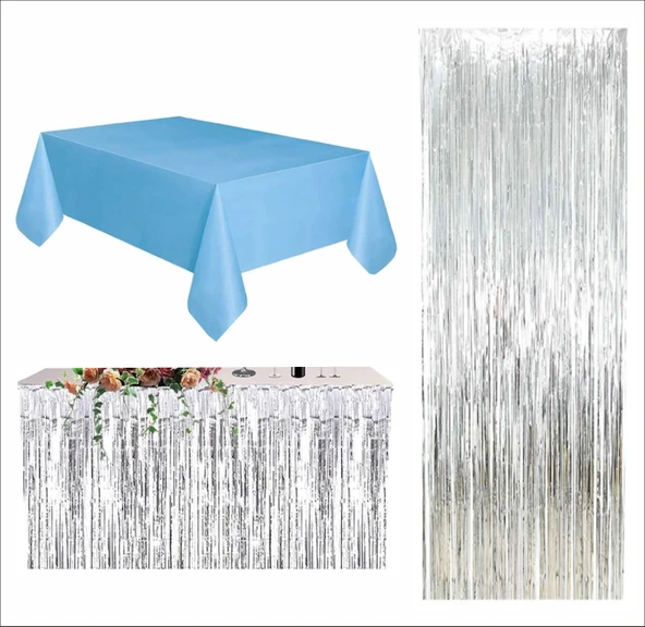 MAVİ MASA ÖRTÜSÜ, GÜMÜŞ MASA ETEĞİ, GÜMÜŞ ARKA FON ürün görseli 1