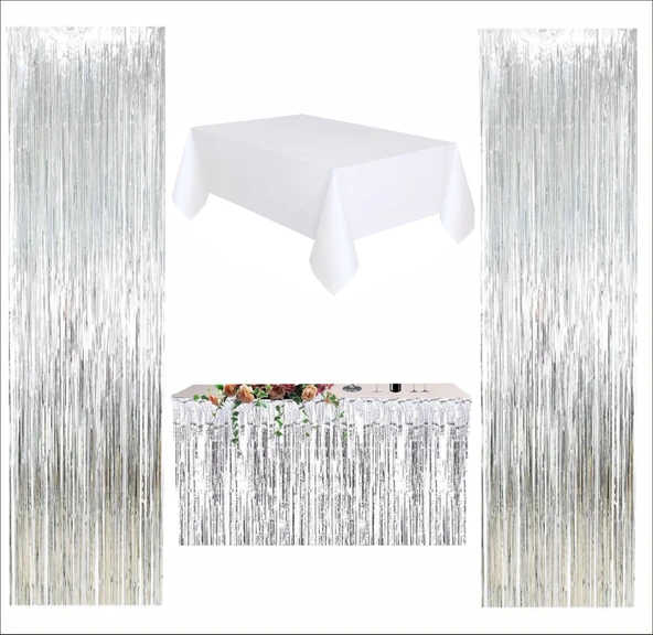 BEYAZ MASA ÖRTÜSÜ, GÜMÜŞ MASA ETEĞİ, 2 ADET GÜMÜŞ ARKA FON ürün görseli 1