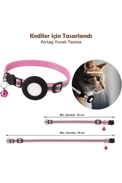Takip Cihazı ve Airtag Yuvalı Kedi Tasması 2'li Set Ios Uyumlu Boyun Tasması GPS  PEMBE - 3