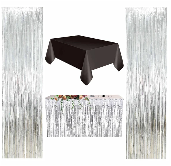 SİYAH MASA ÖRTÜSÜ, GÜMÜŞ MASA ETEĞİ, 2 ADET GÜMÜŞ ARKA FON PERDE ürün görseli 1