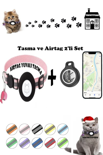 Takip Cihazı ve Airtag Yuvalı Kedi Tasması 2'li Set Ios Android Uyumlu Boyun Tasması GPS  PEMBE