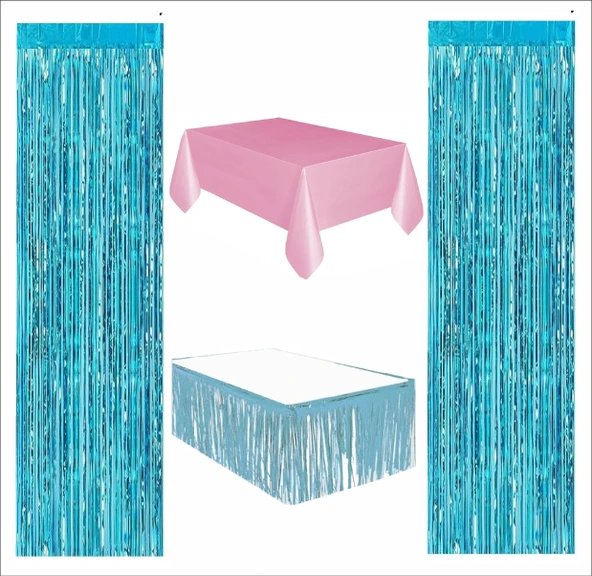 PEMBE MASA ÖRTÜSÜ, MAVİ MASA ETEĞİ, 2 ADET MAVİ ARKA FON ürün görseli 1
