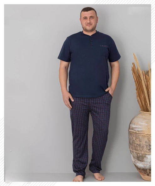 Pijamoni Erkek Battal Düğme Yaka Penye Kısa Kol  Pijama Takımı 6730/6 - 1 Adet  4XL Lacivert