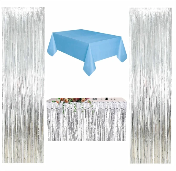 MAVİ MASA ÖRTÜSÜ, GÜMÜŞ MASA ETEĞİ, 2 ADET GÜMÜŞ ARKA FON PERDE ürün görseli 1