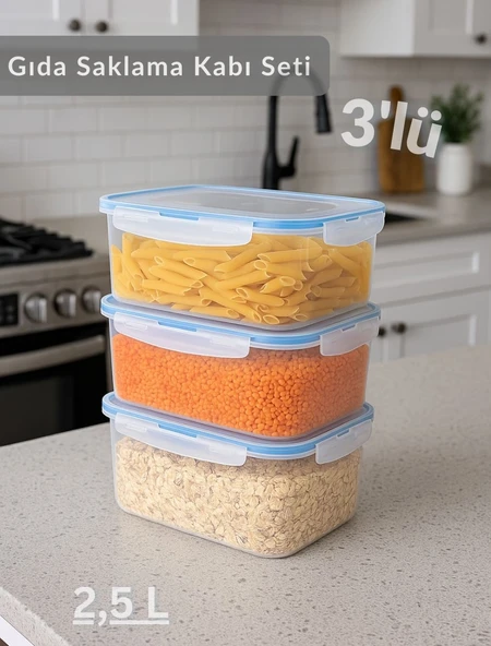 3'lü Vakumlu Saklama Kabı Seti Hava Almaz BPA Free Kilitlenebilir Gıda Erzak Kabı 1,9 L ürün görseli 1