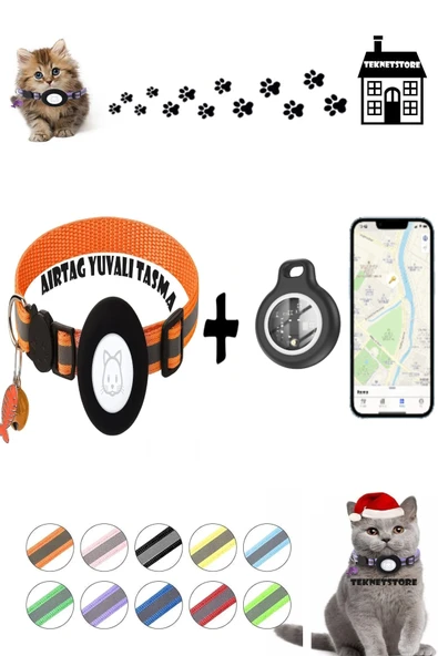 Takip Cihazı ve Airtag Yuvalı Kedi Tasması 2'li Set Ios Android Uyumlu Boyun Tasması GPS  TURUNCU