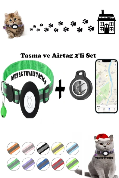 Takip Cihazı ve Airtag Yuvalı Kedi Tasması 2'li Set Ios Android Uyumlu Boyun Tasması GPS  YEŞİL