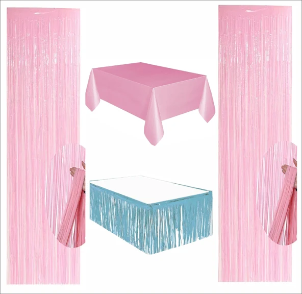 PEMBE MASA ÖRTÜSÜ, MAVİ MASA ETEĞİ, 2 ADET PEMBE ARKA FON ürün görseli 1