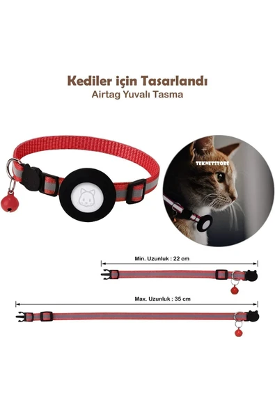 Takip Cihazı ve Airtag Yuvalı Kedi Tasması 2'li Set Ios Uyumlu Boyun Tasması GPS  KIRMIZI - 3