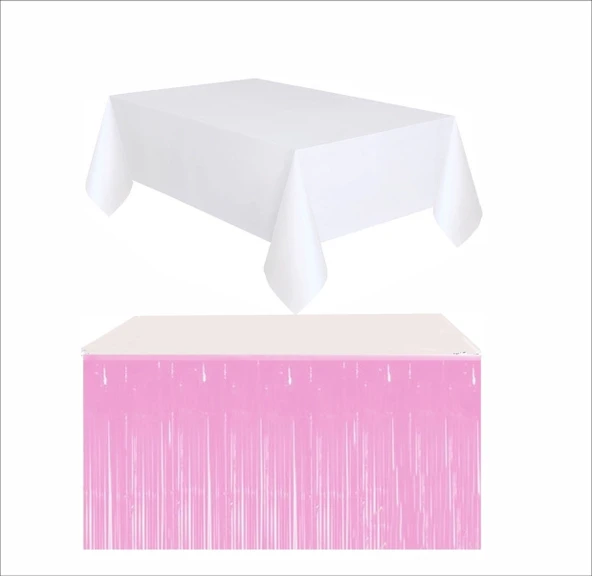 BEYAZ MASA ÖRTÜSÜ, PEMBE MASA ETEĞİ ürün görseli 1
