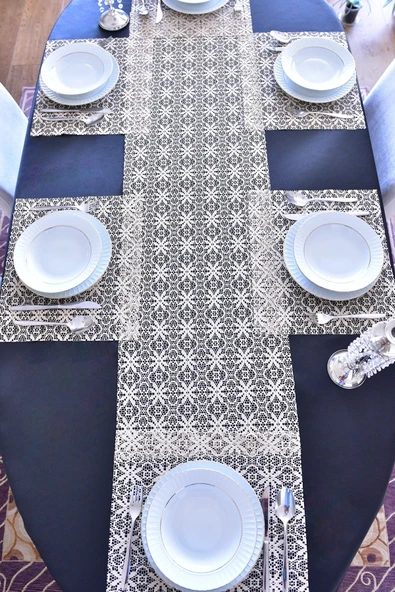 Çiçek Desen Krem Amerikan Servis ve Runner 6 Adet