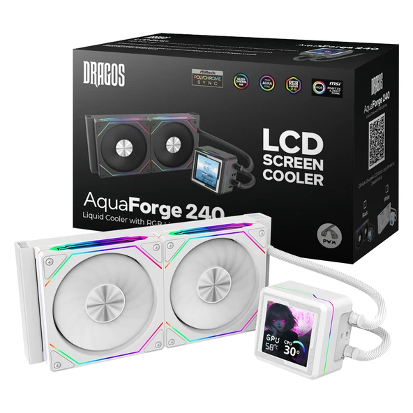 Dragos AquaForge 240 Intel-AMD 240MM LCD Ekranlı ARGB Beyaz Sıvı Soğutucu