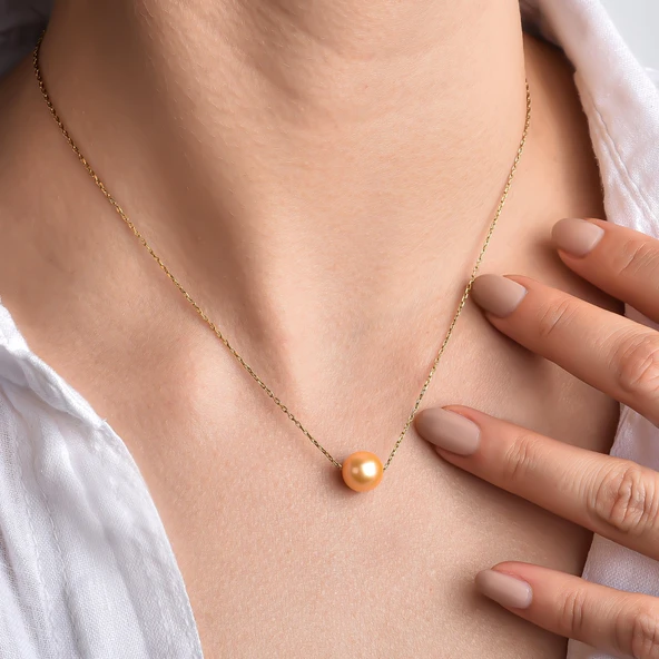 14 Ayar Altın Kaplama Sarı Renkli Tek İnci Gümüş Kolye - CNP00153 - Resim 3