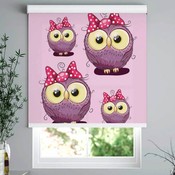 PEMBE SEVİMLİ BAYKUŞ DESENLİ DİJİTAL BASKILI ÇOCUK ODASI STORE PERDE