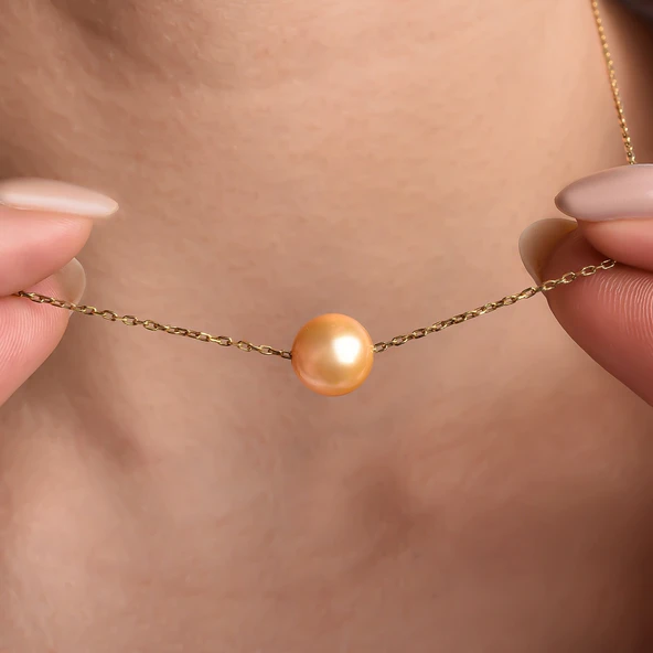 14 Ayar Altın Kaplama Sarı Renkli Tek İnci Gümüş Kolye - CNP00153 - Resim 2