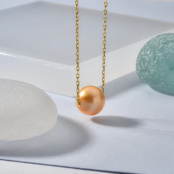 14 Ayar Altın Kaplama Sarı Renkli Tek İnci Gümüş Kolye - CNP00153 ürün görseli 1