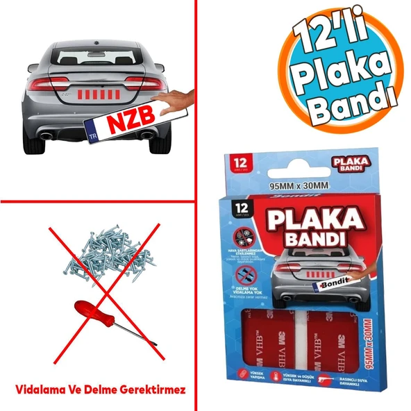 Araba Araç Plaka Güçlü Yapıştırıcı 3M Yapıştırma Çift Taraflı Bant Bandı 95 mm X 35 mm BND01069530
