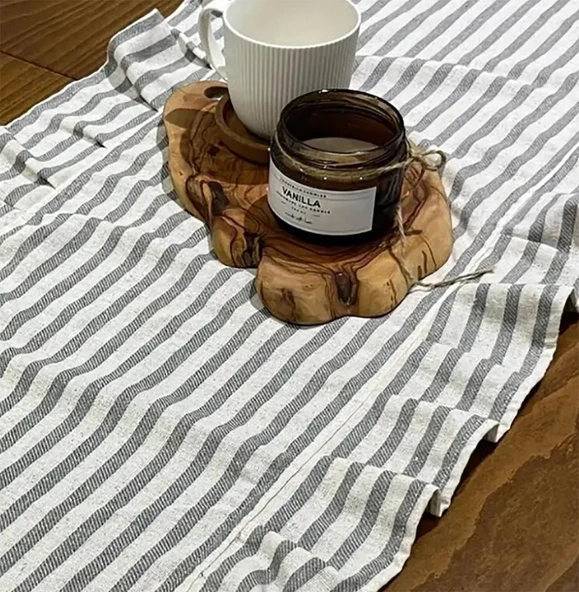 Fırfırlı Gri Çizgili Keten Runner 40 x 150 - 2