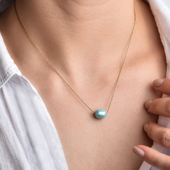 14 Ayar Altın Kaplama Gerçek Soluk Mavi Tek İnci Gümüş Kolye - CNP00154 - Resim 3