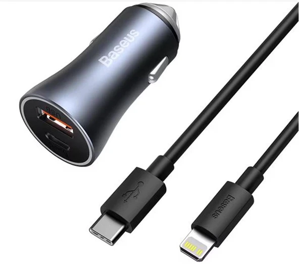 BASEUS Golden Connector Pro U+C 40W Type-C to Lightning Kablo Setli Araç İçi Şarj Cihazı Koyu Gri ürün görseli