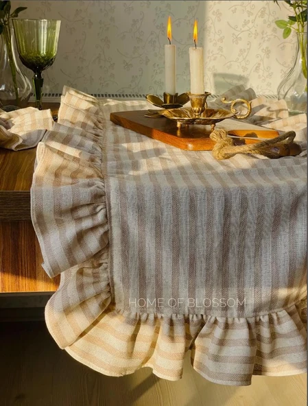 Fırfırlı Sütlü Kahve Çizgili Keten Runner 40 x 150 - 2