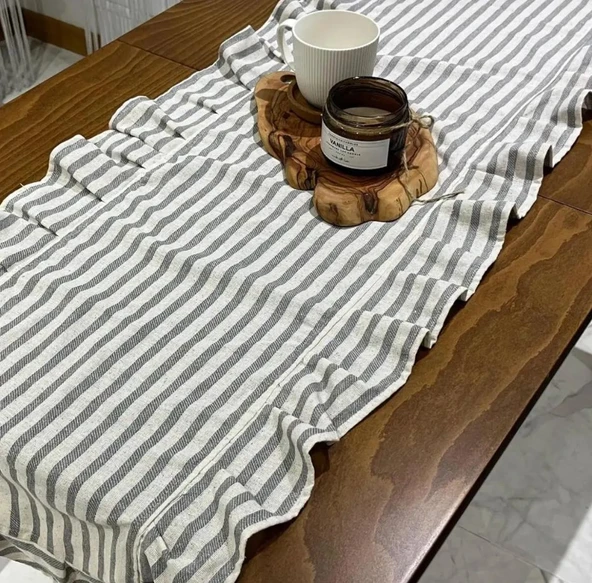 Fırfırlı Gri Çizgili Keten Runner 40 x 150