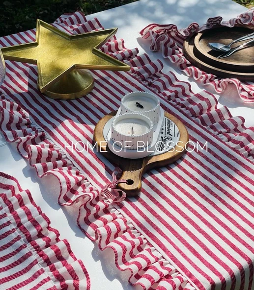 Fırfırlı Kırmızı Çizgili Keten Runner 40 x 150 - 5