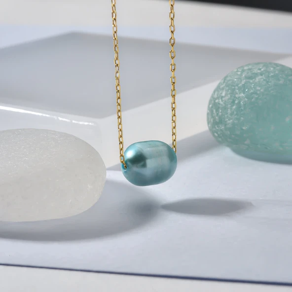 14 Ayar Altın Kaplama Gerçek Soluk Mavi Tek İnci Gümüş Kolye - CNP00154 ürün görseli 1