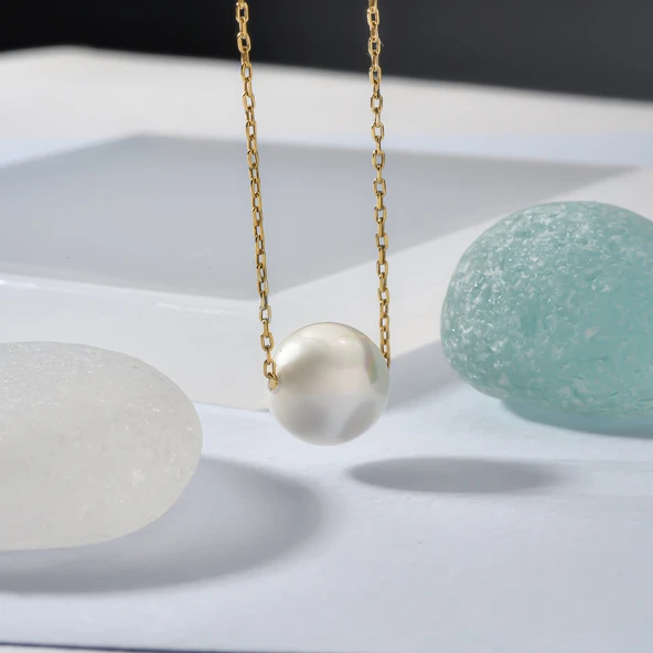 14 Ayar Altın Kaplama Beyaz Tek İnci Gümüş Kolye - CNP00152 - Resim 4