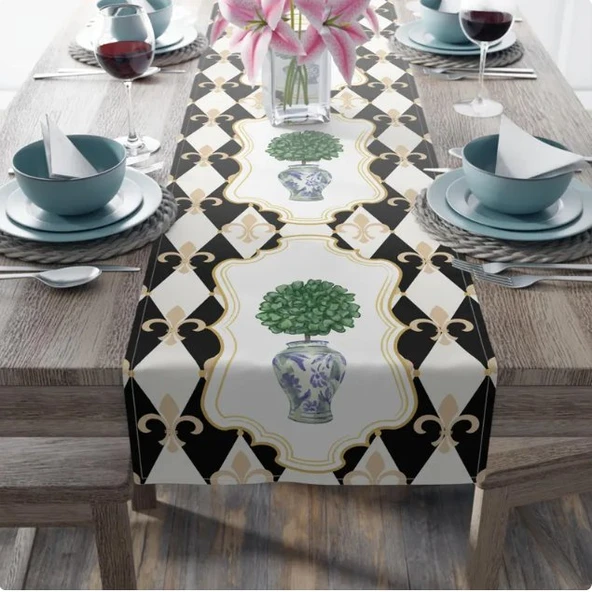 Cortly Harlequin Fleur de lis chinoiserie mavi ve beyaz vazo Desen Ranır - Runner ürün görseli