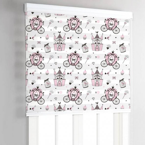 PEMBE KALE BALKABAĞI ARABASI DESENLİ DİJİTAL BASKILI ÇOCUK ODASI ZEBRA PERDE - 1