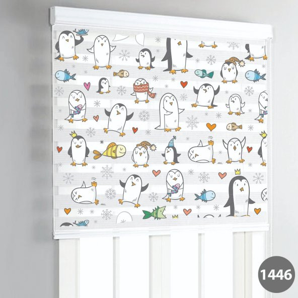 TATLI PENGUEN VE BALIK DESENLİ DİJİTAL BASKILI ÇOCUK ODASI ZEBRA PERDE
