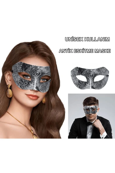 KUZGUN ONLİNE SHOP Gümüş Eskitme Yüz Maskesi - Antik Tarz Balo Maskesi - Lisinya