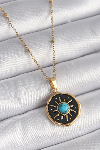 KUZGUN ONLİNE SHOP 316L Çelik Gold Renk Mavi Boncuk Güneş İşleme Madalyon Model Kadın Kolye - 1