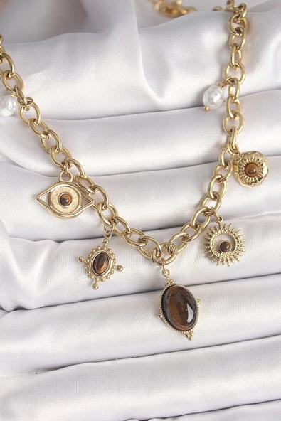 KUZGUN ONLİNE SHOP 316L Çelik Gold Renk Kaplan Göz Taşlı Göz Figür Kadın Kolye - Lisinya