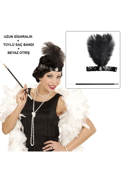 KUZGUN ONLİNE SHOP Retro Charliston Aksesuar Seti 2039ler 9039lar Gatsby Kostüm Seti - Lisinya - 1