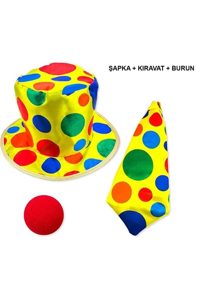 KUZGUN ONLİNE SHOP Renkli Palyaço Kostüm Seti 3 Parça Aksesuar (Şapka, Kravat, Burun)